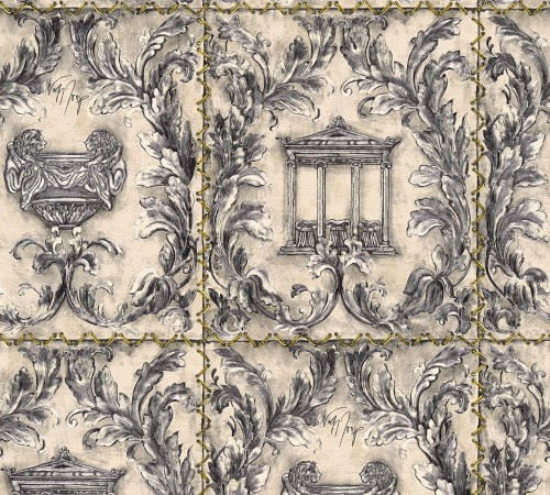 Kind of White Abstract Geometric Classic Damask Wall Paper Beige Grey Metallic 340862