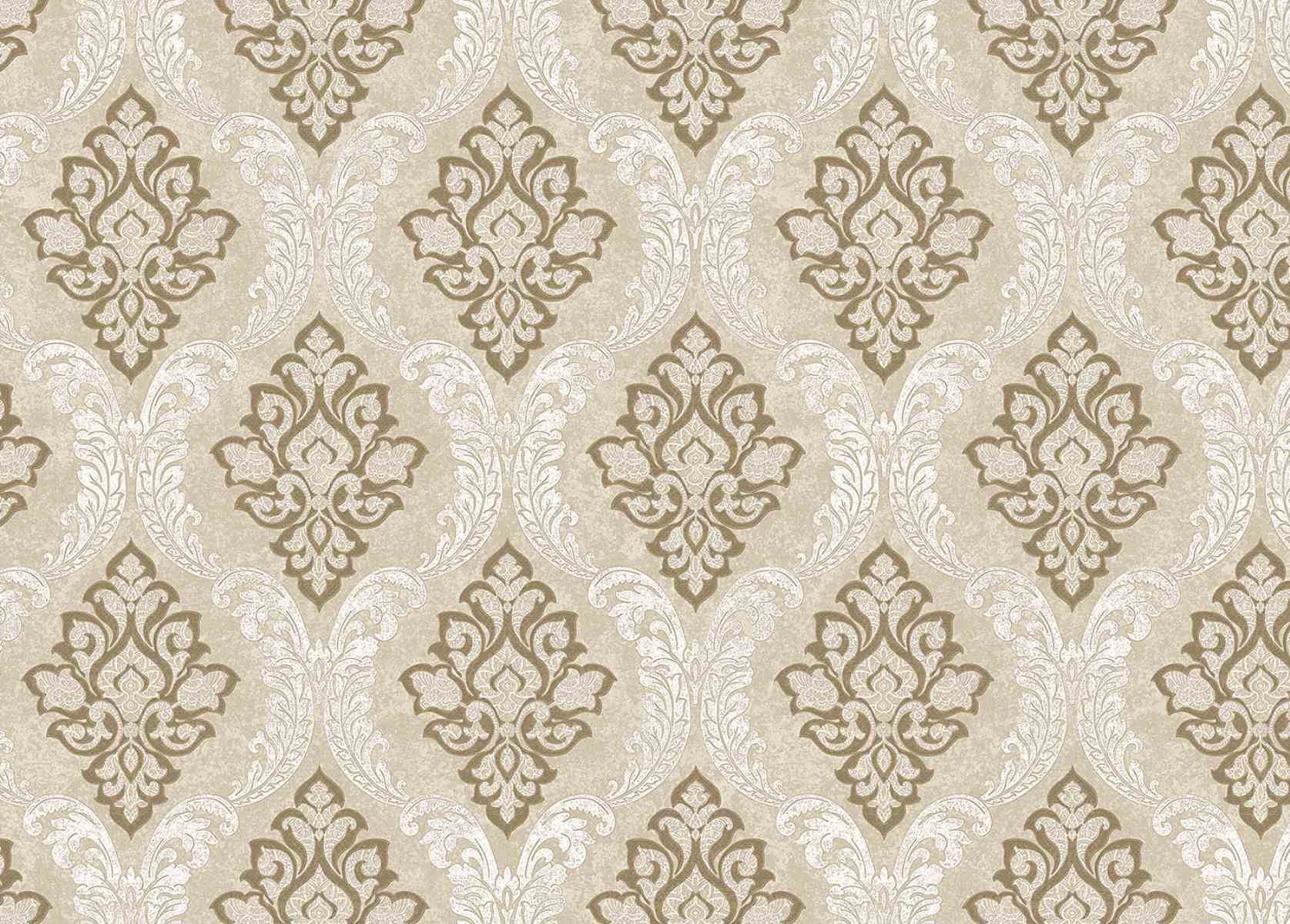 Adelio Classic Damask Wall Paper Beige White Metallic 8114-1
